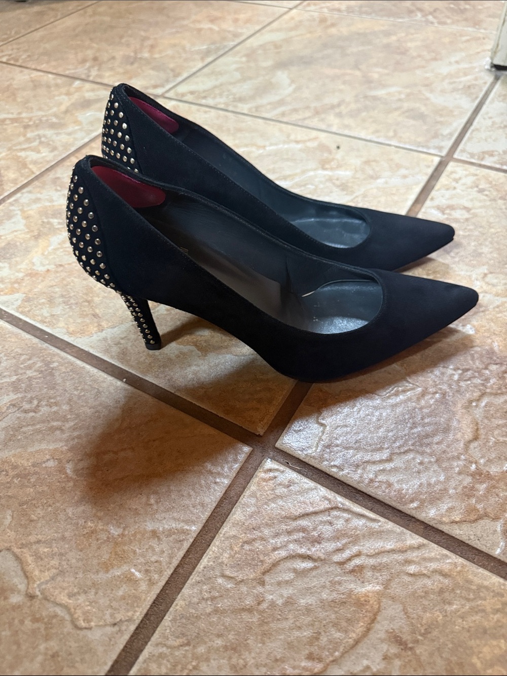 Stuart Weitzman Black Pointed Toe Stud Heel Pumps